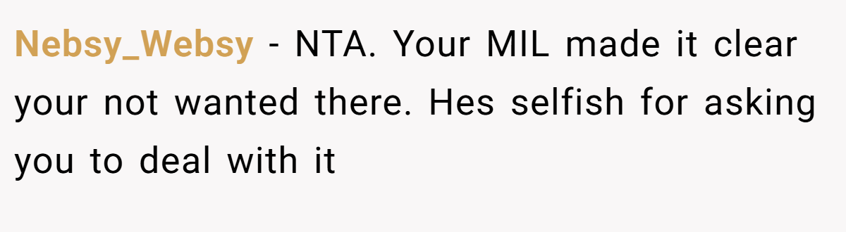 Nebsy_Websy − NTA. Your MIL made it clear your not wanted there. Hes selfish for asking you to deal with it