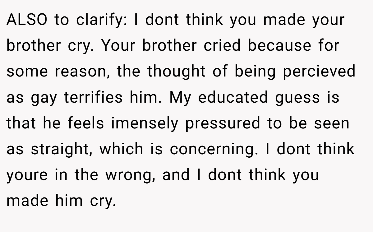 ALSO to clarify: I dont think you made your brother cry. Your brother cried because for some reason, the thought of being percieved as gay terrifies him. My educated guess is that he feels imensely pressured to be seen as straight, which is concerning. I dont think youre in the wrong, and I dont think you made him cry.