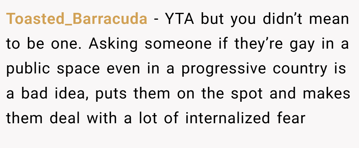 Toasted_Barracuda - YTA but you didn’t mean to be one. Asking someone if they’re gay in a public space even in a progressive country is a bad idea, puts them on the spot and makes them deal with a lot of internalized fear
