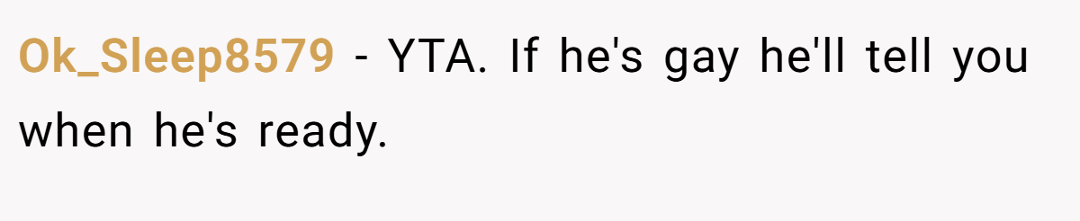 Ok_Sleep8579 - YTA. If he's gay he'll tell you when he's ready.
