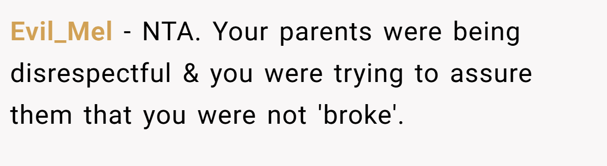 Evil_Mel − NTA. Your parents were being disrespectful & you were trying to assure them that you were not 'broke'.