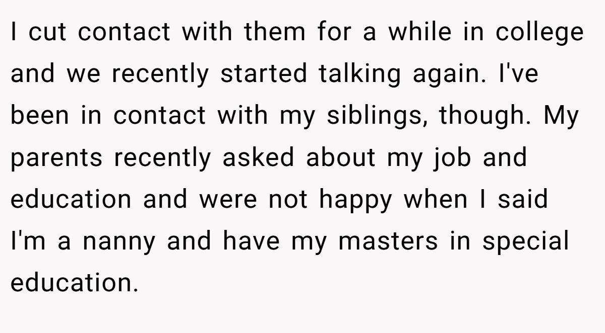 I cut contact with them for a while in college and we recently started talking again. I've been in contact with my siblings, though. My parents recently asked about my job and education and were not happy when I said I'm a nanny and have my masters in special education.
