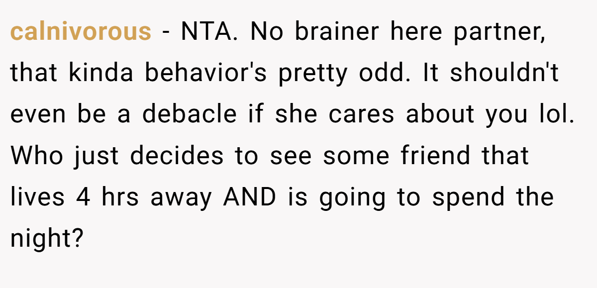 calnivorous - NTA. No brainer here partner, that kinda behavior's pretty odd. It shouldn't even be a debacle if she cares about you lol. Who just decides to see some friend that lives 4 hrs away AND is going to spend the night?