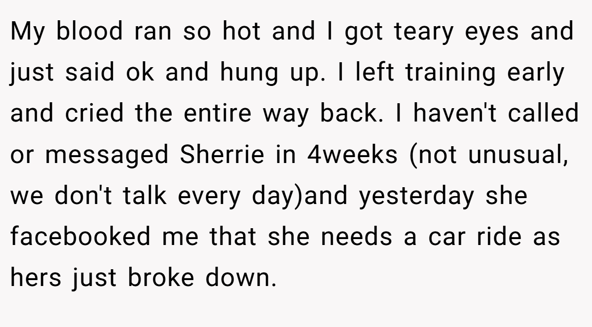 My blood ran so hot and I got teary eyes and just said ok and hung up. I left training early and cried the entire way back. I haven't called or messaged Sherrie in 4weeks (not unusual, we don't talk every day)and yesterday she facebooked me that she needs a car ride as hers just broke down.