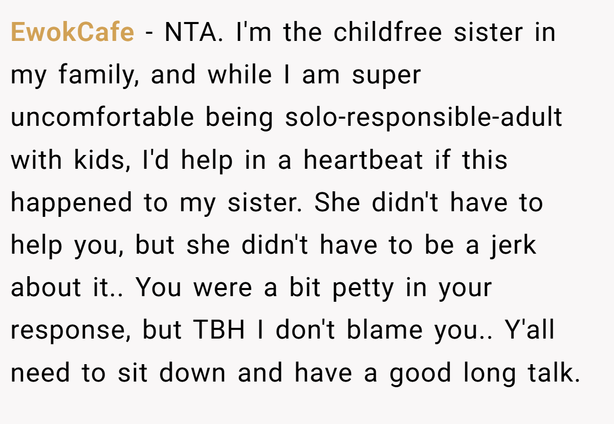 EwokCafe − NTA. I'm the childfree sister in my family, and while I am super uncomfortable being solo-responsible-adult with kids, I'd help in a heartbeat if this happened to my sister. She didn't have to help you, but she didn't have to be a jerk about it.. You were a bit petty in your response, but TBH I don't blame you.. Y'all need to sit down and have a good long talk.