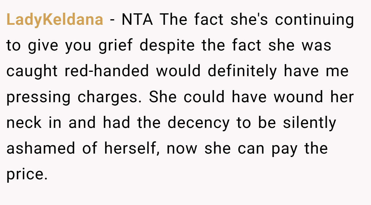 LadyKeldana − NTA The fact she's continuing to give you grief despite the fact she was caught red-handed would definitely have me pressing charges. She could have wound her neck in and had the decency to be silently ashamed of herself, now she can pay the price.
