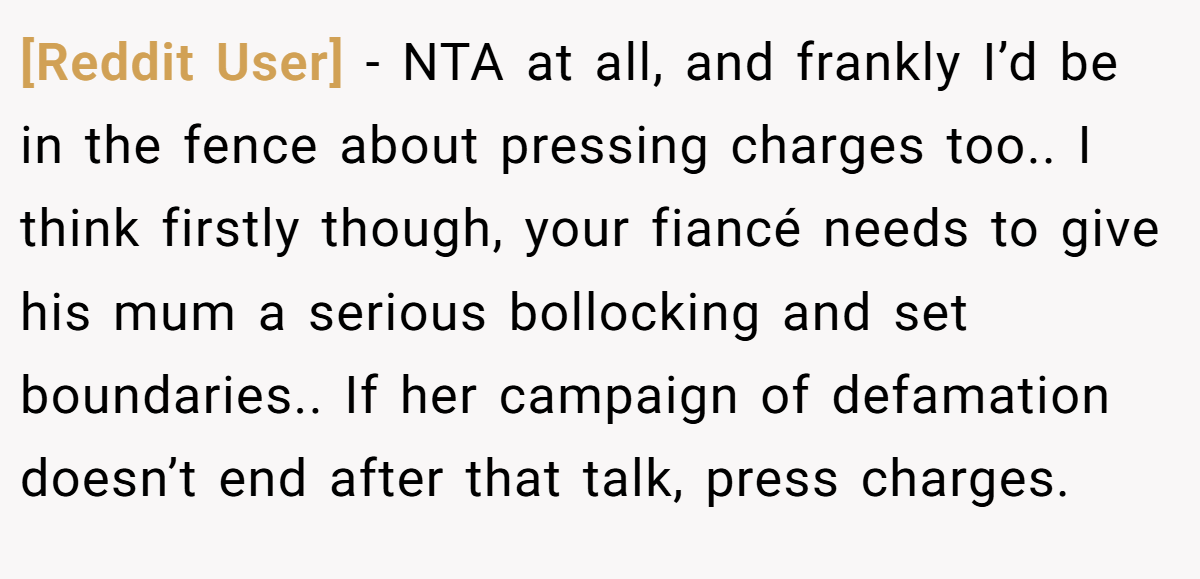 [Reddit User] − NTA at all, and frankly I’d be in the fence about pressing charges too.. I think firstly though, your fiancé needs to give his mum a serious bollocking and set boundaries.. If her campaign of defamation doesn’t end after that talk, press charges.
