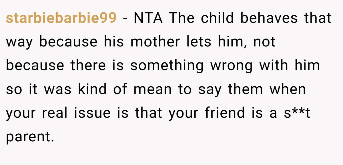 starbiebarbie99 - NTA The child behaves that way because his mother lets him, not because there is something wrong with him so it was kind of mean to say them when your real issue is that your friend is a s**t parent.