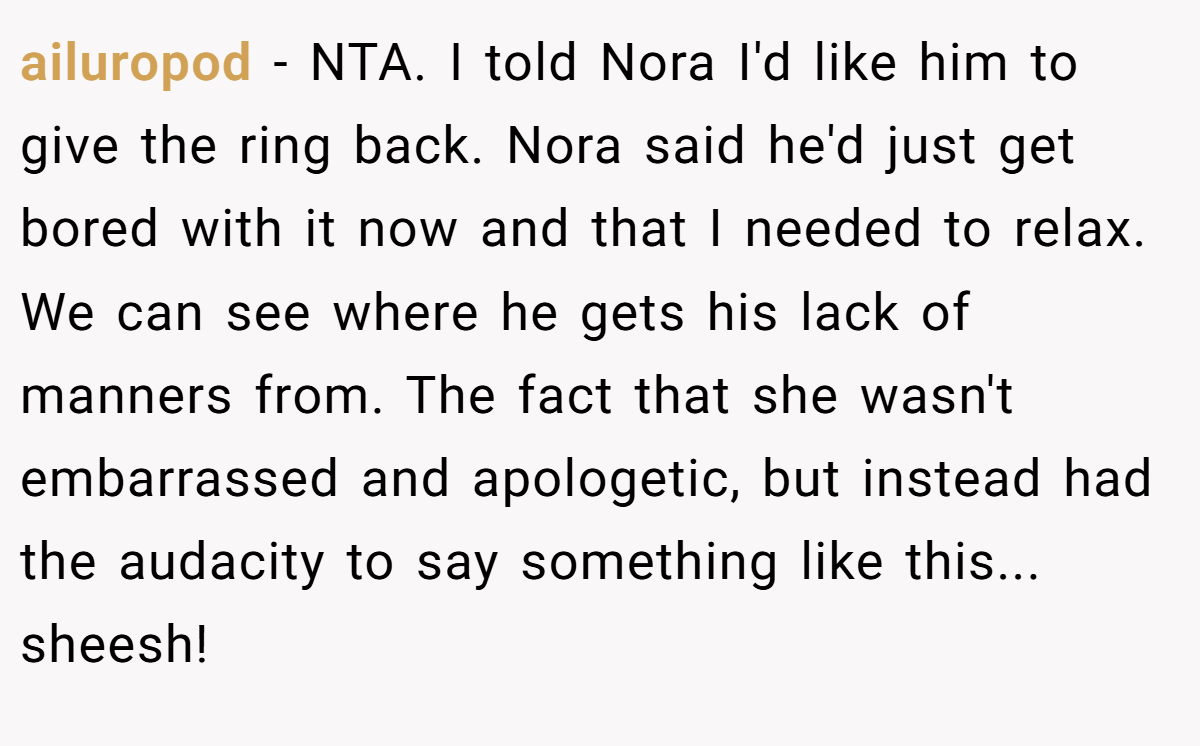 ailuropod - NTA. ​I told Nora I'd like him to give the ring back. Nora said he'd just get bored with it now and that I needed to relax. We can see where he gets his lack of manners from. The fact that she wasn't embarrassed and apologetic, but instead had the audacity to say something like this... sheesh!