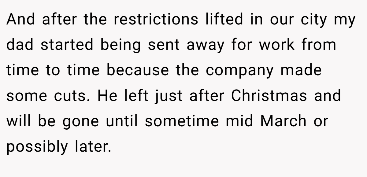 And after the restrictions lifted in our city my dad started being sent away for work from time to time because the company made some cuts. He left just after Christmas and will be gone until sometime mid March or possibly later.
