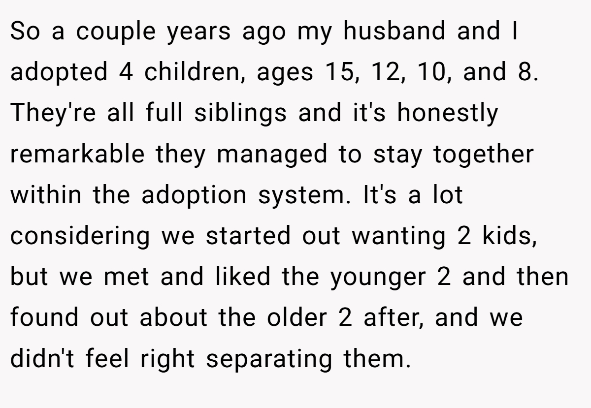 So a couple years ago my husband and I adopted 4 children, ages 15, 12, 10, and 8. They're all full siblings and it's honestly remarkable they managed to stay together within the adoption system. It's a lot considering we started out wanting 2 kids, but we met and liked the younger 2 and then found out about the older 2 after, and we didn't feel right separating them.