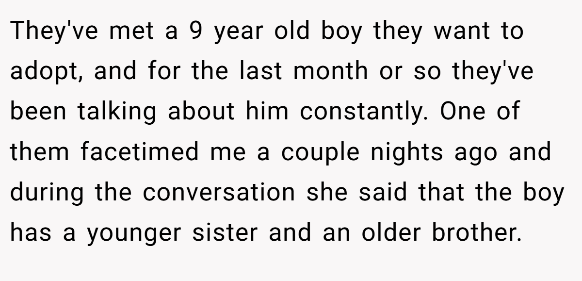 They've met a 9 year old boy they want to adopt, and for the last month or so they've been talking about him constantly. One of them facetimed me a couple nights ago and during the conversation she said that the boy has a younger sister and an older brother.