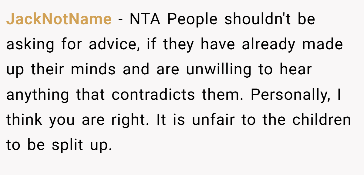 JackNotName - NTA People shouldn't be asking for advice, if they have already made up their minds and are unwilling to hear anything that contradicts them. Personally, I think you are right. It is unfair to the children to be split up.