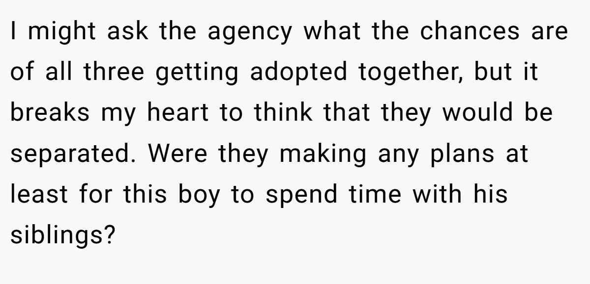 I might ask the agency what the chances are of all three getting adopted together, but it breaks my heart to think that they would be separated. Were they making any plans at least for this boy to spend time with his siblings?