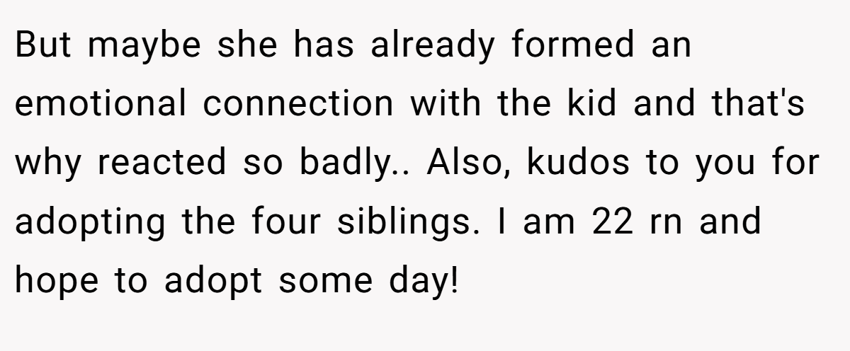 But maybe she has already formed an emotional connection with the kid and that's why reacted so badly.. Also, kudos to you for adopting the four siblings. I am 22 rn and hope to adopt some day!