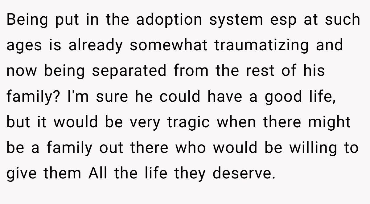 Being put in the adoption system esp at such ages is already somewhat traumatizing and now being separated from the rest of his family? I'm sure he could have a good life, but it would be very tragic when there might be a family out there who would be willing to give them All the life they deserve.