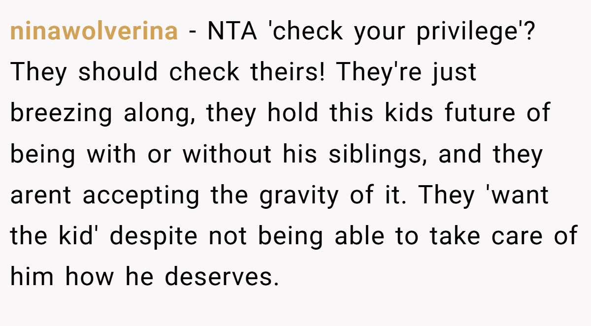 ninawolverina - NTA 'check your privilege'? They should check theirs! They're just breezing along, they hold this kids future of being with or without his siblings, and they arent accepting the gravity of it. They 'want the kid' despite not being able to take care of him how he deserves.