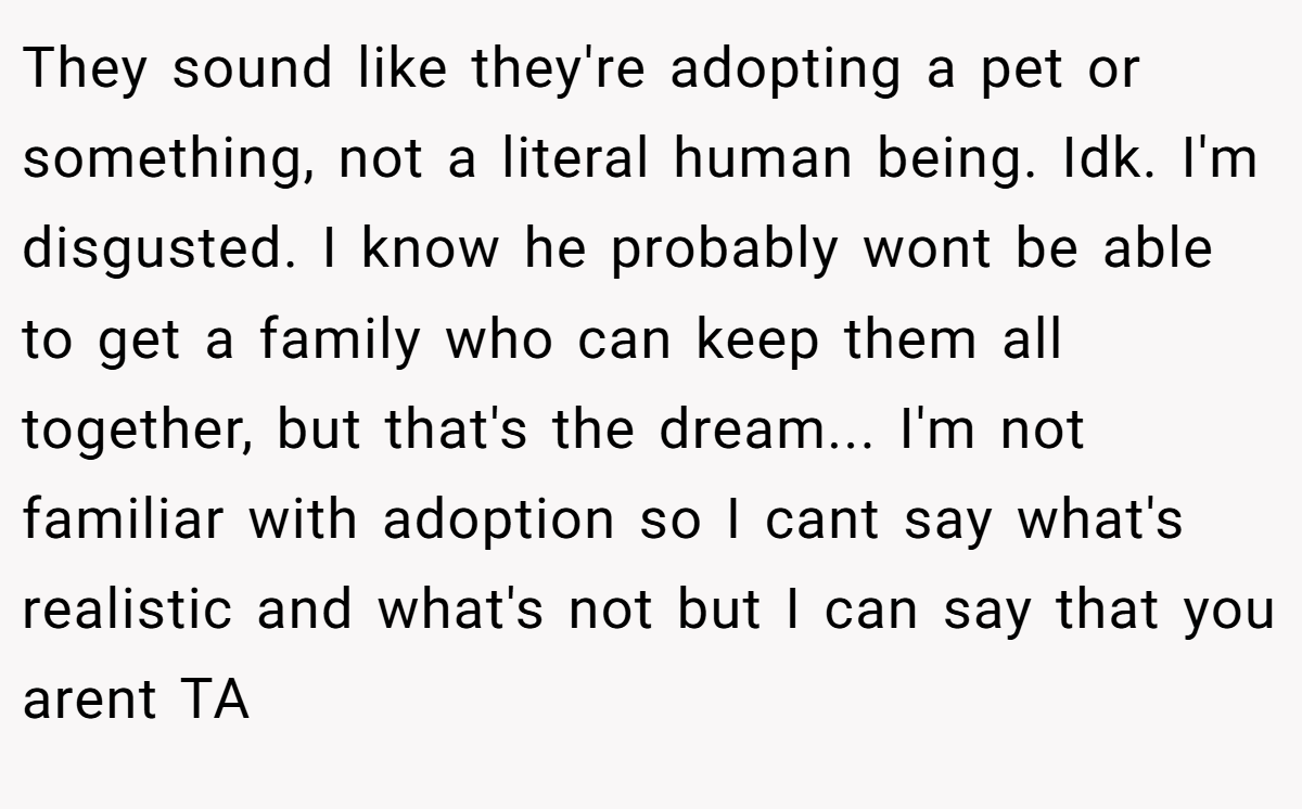 They sound like they're adopting a pet or something, not a literal human being. Idk. I'm disgusted. I know he probably wont be able to get a family who can keep them all together, but that's the dream... I'm not familiar with adoption so I cant say what's realistic and what's not but I can say that you arent TA