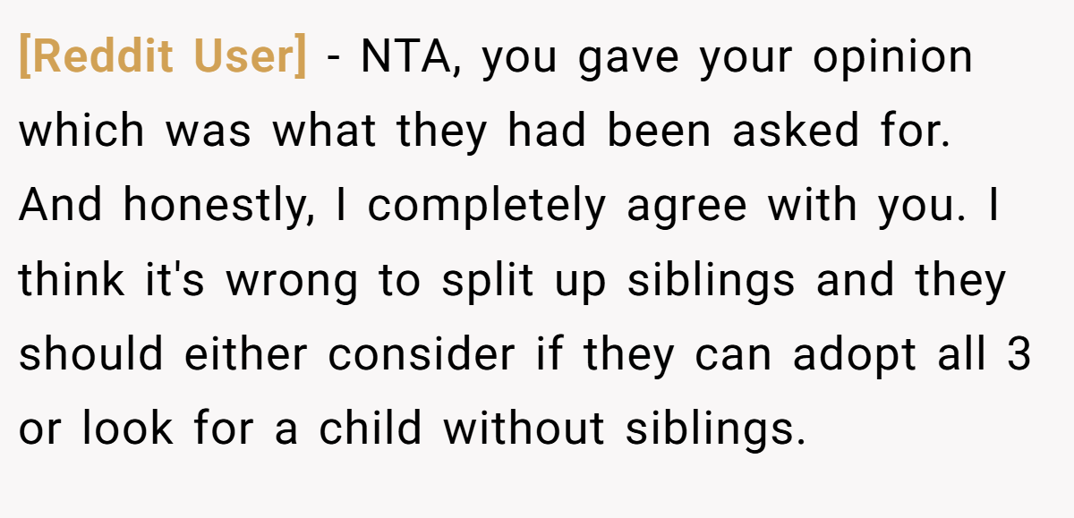 [Reddit User] - NTA, you gave your opinion which was what they had been asked for. And honestly, I completely agree with you. I think it's wrong to split up siblings and they should either consider if they can adopt all 3 or look for a child without siblings.