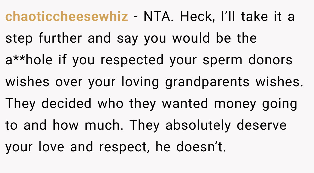 chaoticcheesewhiz − NTA. Heck, I’ll take it a step further and say you would be the a**hole if you respected your sperm donors wishes over your loving grandparents wishes. They decided who they wanted money going to and how much. They absolutely deserve your love and respect, he doesn’t.