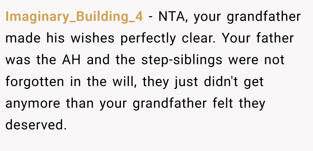 Imaginary_Building_4 − NTA, your grandfather made his wishes perfectly clear. Your father was the AH and the step-siblings were not forgotten in the will, they just didn't get anymore than your grandfather felt they deserved.