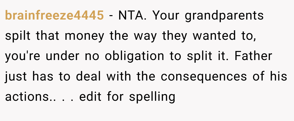 brainfreeze4445 − NTA. Your grandparents spilt that money the way they wanted to, you're under no obligation to split it. Father just has to deal with the consequences of his actions.. ​. ​. edit for spelling
