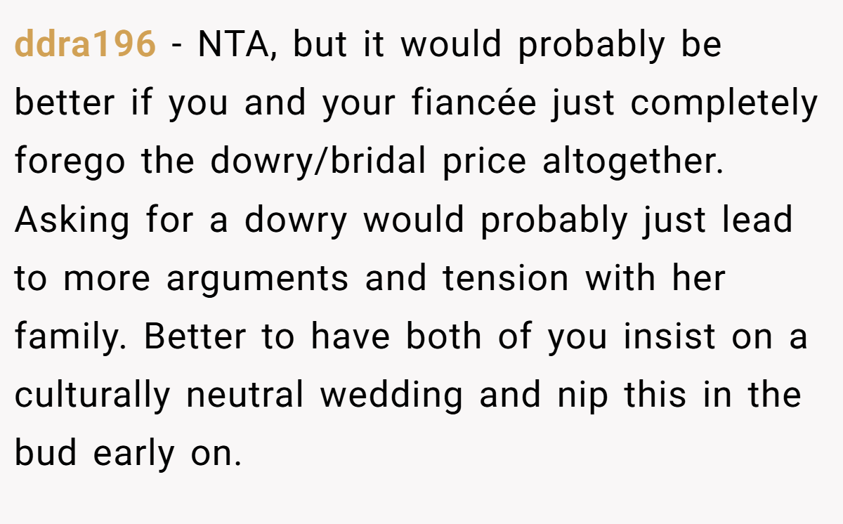 ddra196 - NTA, but it would probably be better if you and your fiancée just completely forego the dowry/bridal price altogether. Asking for a dowry would probably just lead to more arguments and tension with her family. Better to have both of you insist on a culturally neutral wedding and nip this in the bud early on.