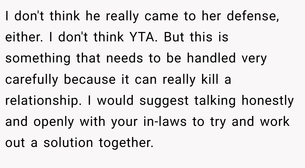 I don't think he really came to her defense, either. I don't think YTA. But this is something that needs to be handled very carefully because it can really kill a relationship. I would suggest talking honestly and openly with your in-laws to try and work out a solution together.