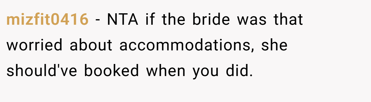 mizfit0416 - NTA if the bride was that worried about accommodations, she should've booked when you did.