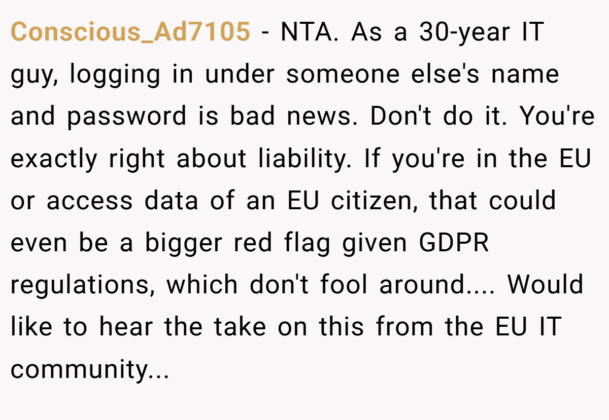 Conscious_Ad7105 - NTA. As a 30-year IT guy, logging in under someone else's name and password is bad news. Don't do it. You're exactly right about liability. If you're in the EU or access data of an EU citizen, that could even be a bigger red flag given GDPR regulations, which don't fool around.... Would like to hear the take on this from the EU IT community...