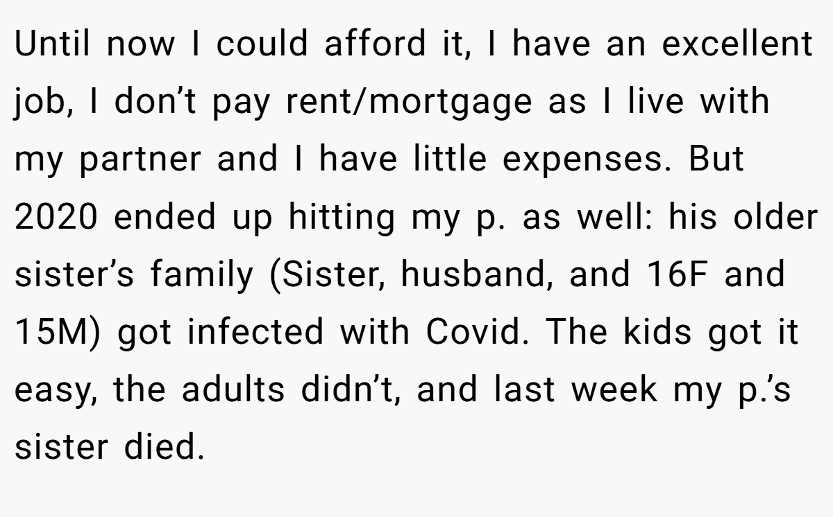 Until now I could afford it, I have an excellent job, I don’t pay rent/mortgage as I live with my partner and I have little expenses. But 2020 ended up hitting my p. as well: his older sister’s family (Sister, husband, and 16F and 15M) got infected with Covid. The kids got it easy, the adults didn’t, and last week my p.’s sister died.