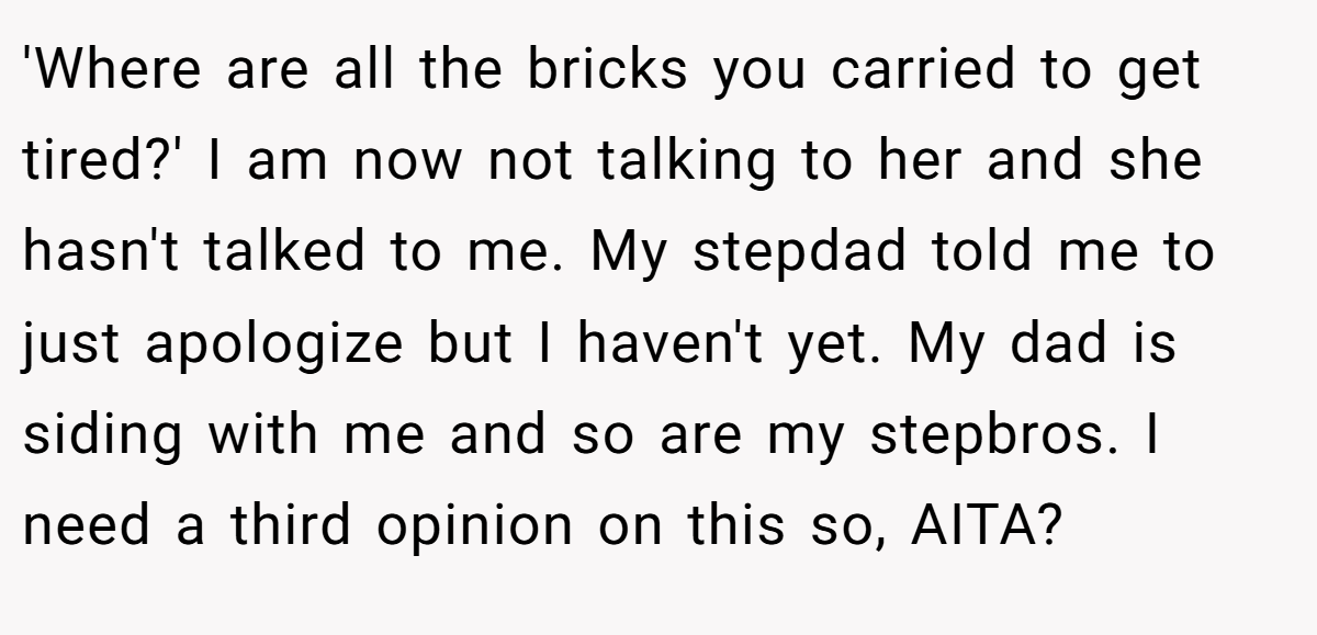 'Where are all the bricks you carried to get tired?' I am now not talking to her and she hasn't talked to me. My stepdad told me to just apologize but I haven't yet. My dad is siding with me and so are my stepbros. I need a third opinion on this so, AITA?