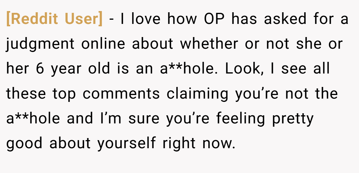 [Reddit User] - I love how OP has asked for a judgment online about whether or not she or her 6 year old is an a**hole. Look, I see all these top comments claiming you’re not the a**hole and I’m sure you’re feeling pretty good about yourself right now.