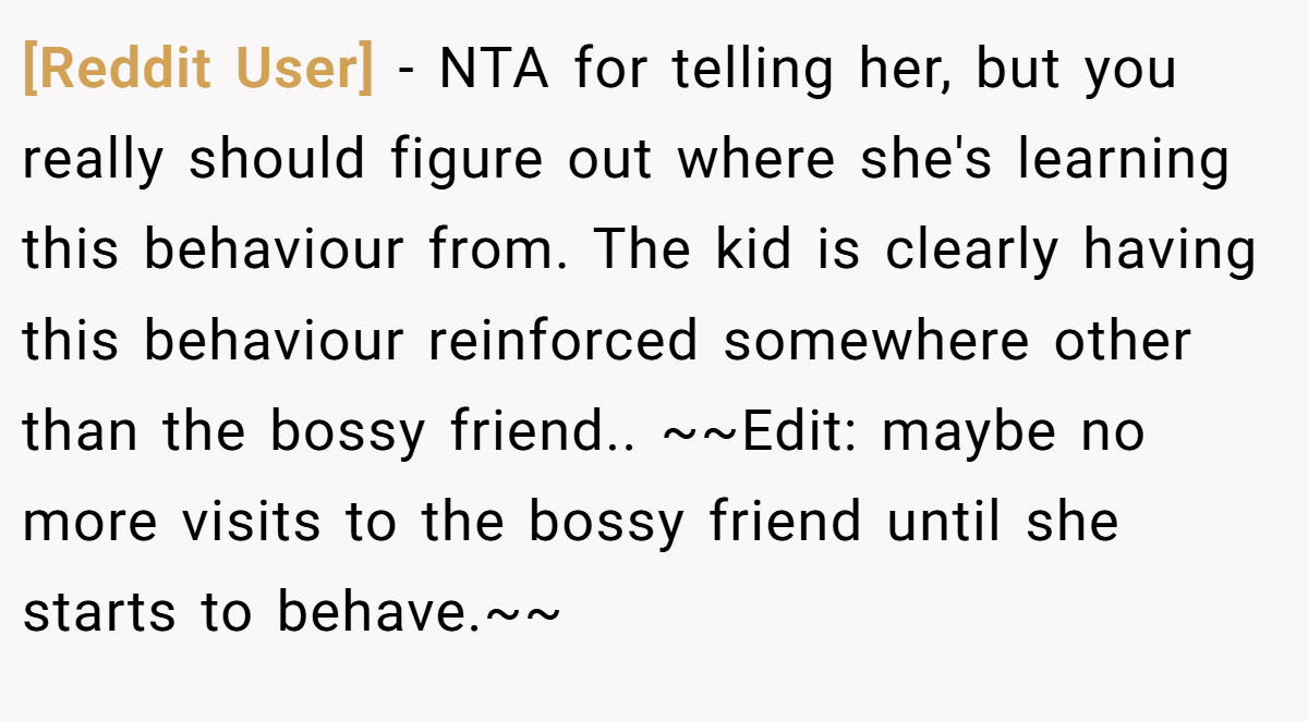 [Reddit User] - NTA for telling her, but you really should figure out where she's learning this behaviour from. The kid is clearly having this behaviour reinforced somewhere other than the bossy friend.. ~~Edit: maybe no more visits to the bossy friend until she starts to behave.~~