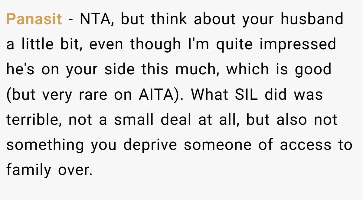 Panasit − NTA, but think about your husband a little bit, even though I'm quite impressed he's on your side this much, which is good (but very rare on AITA). What SIL did was terrible, not a small deal at all, but also not something you deprive someone of access to family over.