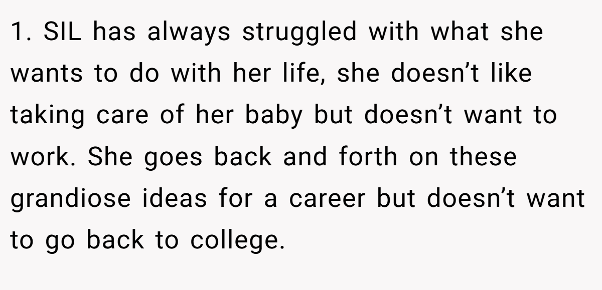 1. SIL has always struggled with what she wants to do with her life, she doesn’t like taking care of her baby but doesn’t want to work. She goes back and forth on these grandiose ideas for a career but doesn’t want to go back to college.