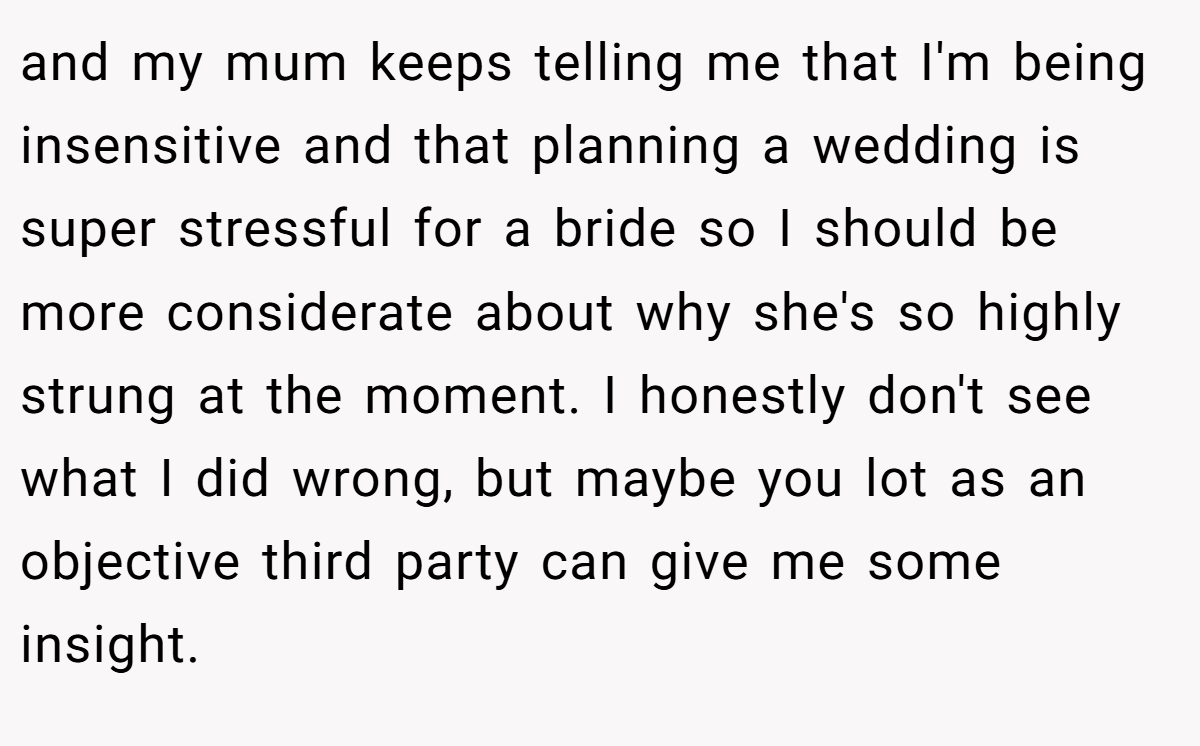 and my mum keeps telling me that I'm being insensitive and that planning a wedding is super stressful for a bride so I should be more considerate about why she's so highly strung at the moment. I honestly don't see what I did wrong, but maybe you lot as an objective third party can give me some insight.