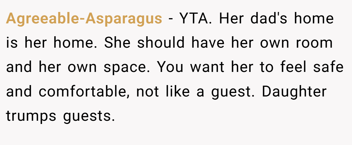 Agreeable-Asparagus − YTA. Her dad's home is her home. She should have her own room and her own space. You want her to feel safe and comfortable, not like a guest. Daughter trumps guests.