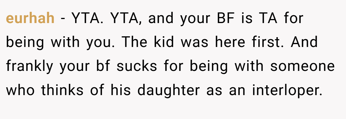 eurhah − YTA. YTA, and your BF is TA for being with you. The kid was here first. And frankly your bf sucks for being with someone who thinks of his daughter as an interloper.