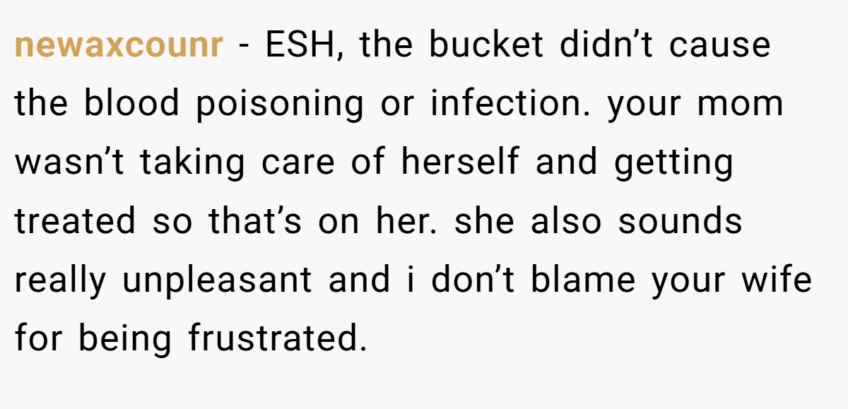 newaxcounr - ESH, the bucket didn’t cause the blood poisoning or infection. your mom wasn’t taking care of herself and getting treated so that’s on her. she also sounds really unpleasant and i don’t blame your wife for being frustrated.