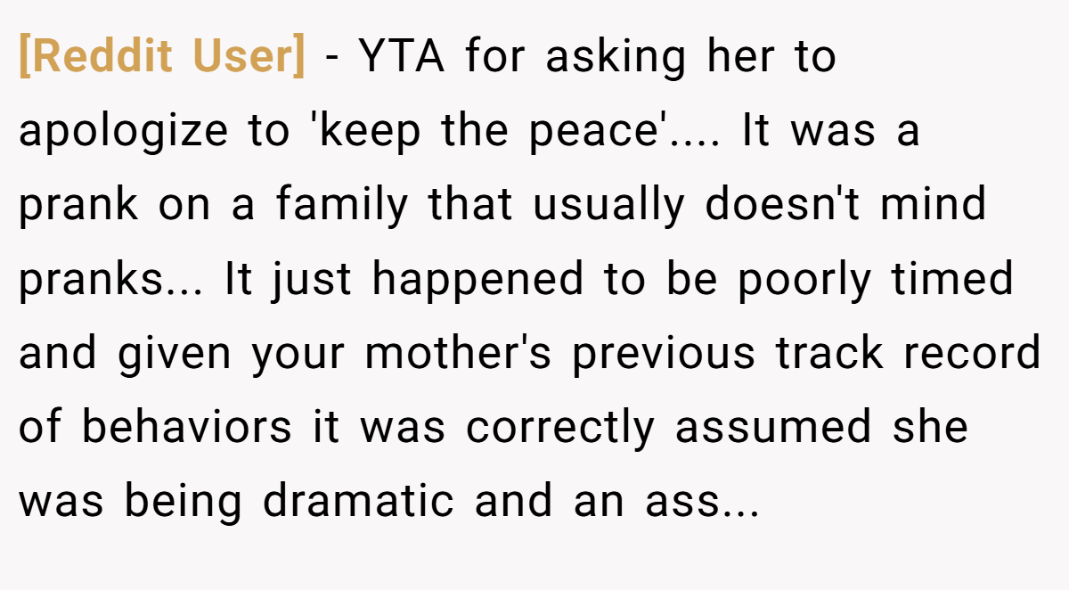 [Reddit User] - YTA for asking her to apologize to 'keep the peace'.... It was a prank on a family that usually doesn't mind pranks... It just happened to be poorly timed and given your mother's previous track record of behaviors it was correctly assumed she was being dramatic and an ass...