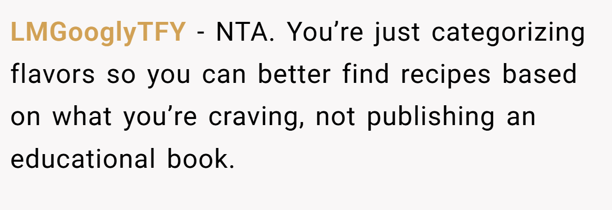 LMGooglyTFY - NTA. You’re just categorizing flavors so you can better find recipes based on what you’re craving, not publishing an educational book.