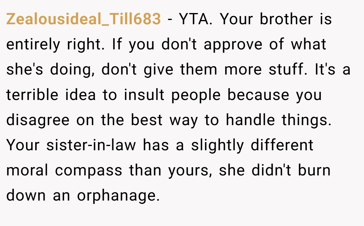 Zealousideal_Till683 - YTA. Your brother is entirely right. If you don't approve of what she's doing, don't give them more stuff. It's a terrible idea to insult people because you disagree on the best way to handle things. Your sister-in-law has a slightly different moral compass than yours, she didn't burn down an orphanage.