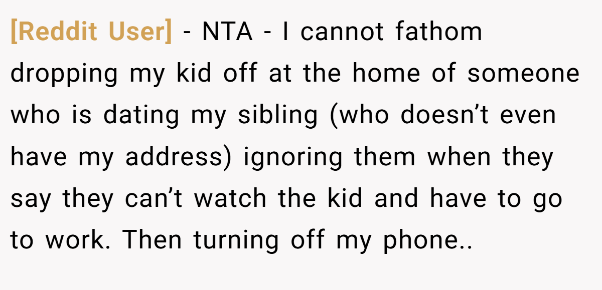 [Reddit User] − NTA - I cannot fathom dropping my kid off at the home of someone who is dating my sibling (who doesn’t even have my address) ignoring them when they say they can’t watch the kid and have to go to work. Then turning off my phone..