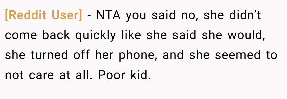 [Reddit User] − NTA you said no, she didn’t come back quickly like she said she would, she turned off her phone, and she seemed to not care at all. Poor kid.