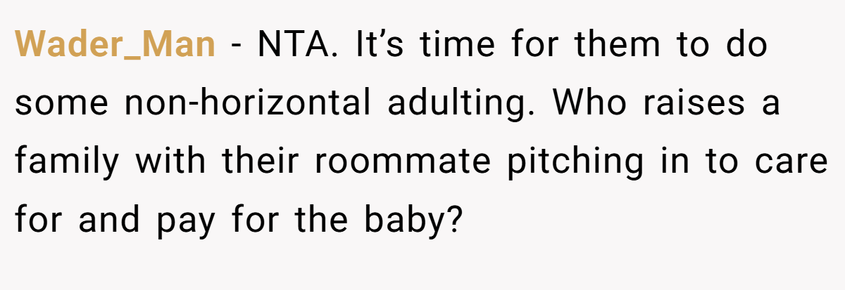 Wader_Man − NTA. It’s time for them to do some non-horizontal adulting. Who raises a family with their roommate pitching in to care for and pay for the baby?
