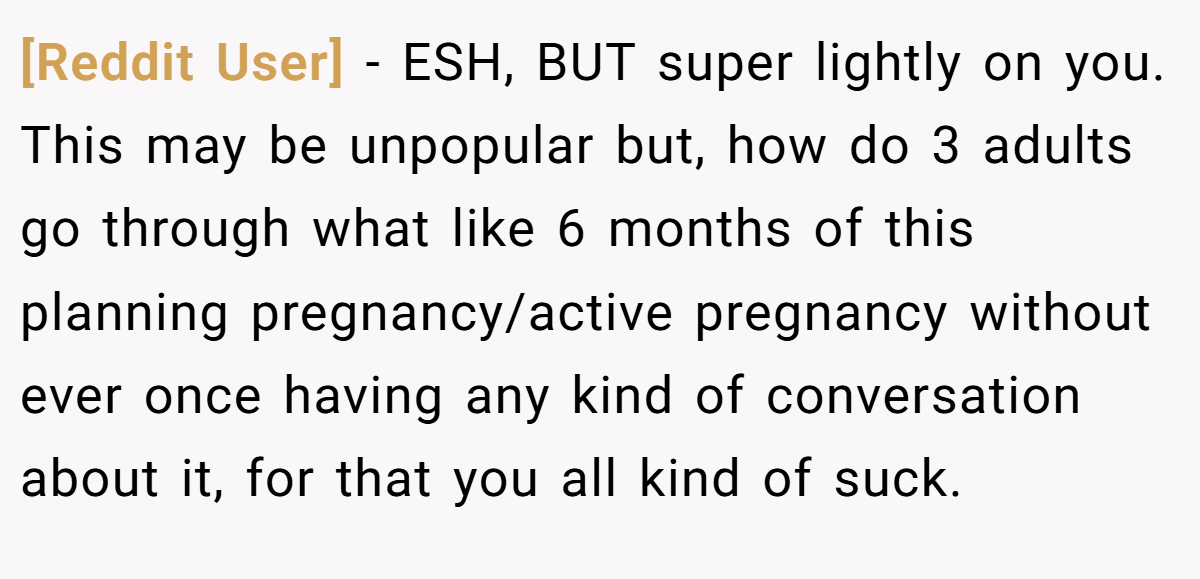 [Reddit User] − ESH, BUT super lightly on you. This may be unpopular but, how do 3 adults go through what like 6 months of this planning pregnancy/active pregnancy without ever once having any kind of conversation about it, for that you all kind of suck.