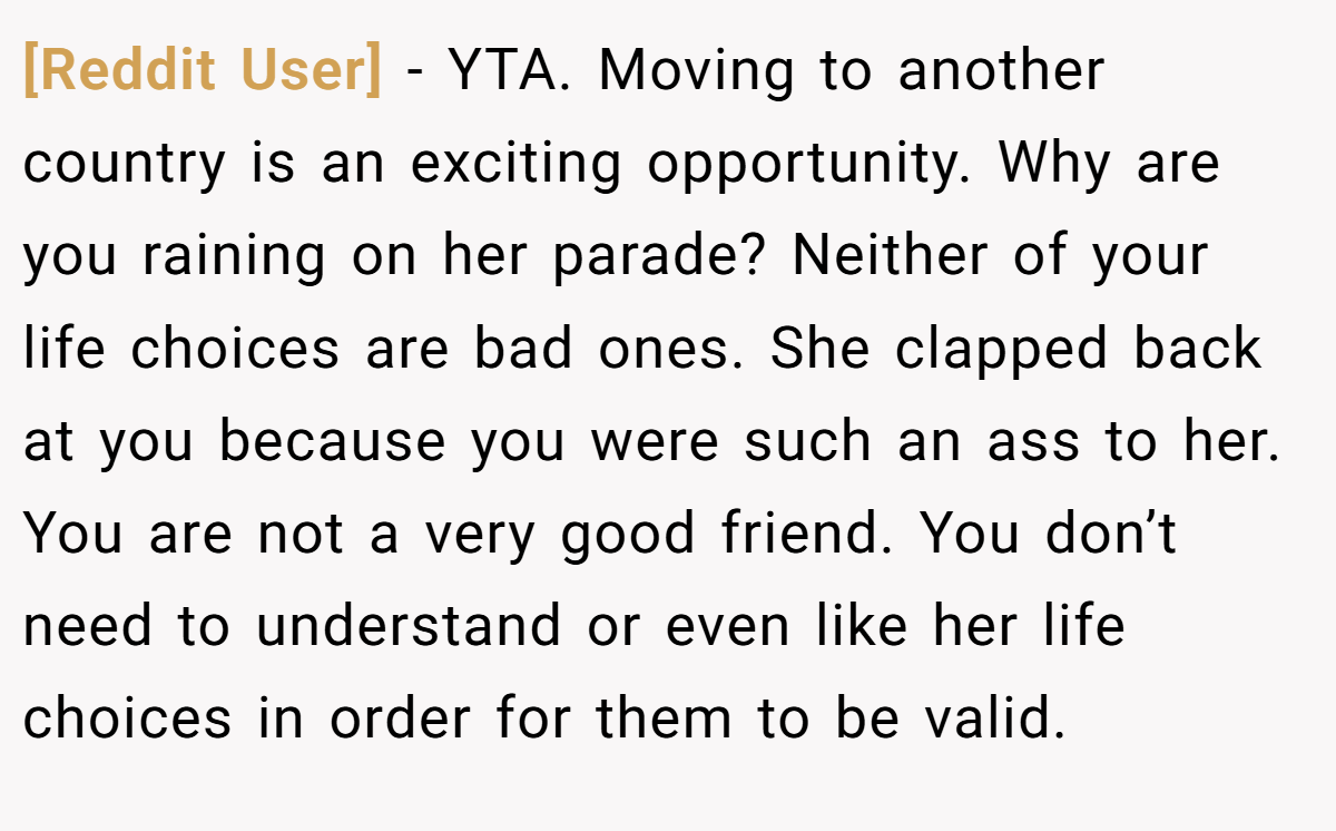 [Reddit User] − YTA. Moving to another country is an exciting opportunity. Why are you raining on her parade? Neither of your life choices are bad ones. She clapped back at you because you were such an ass to her. You are not a very good friend. You don’t need to understand or even like her life choices in order for them to be valid.