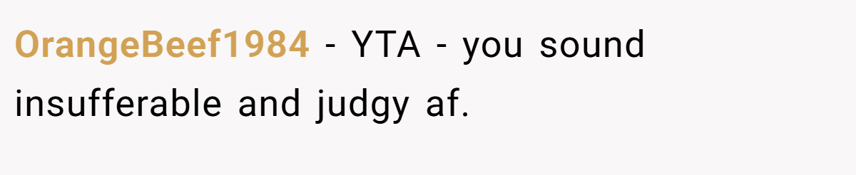 OrangeBeef1984 − YTA - you sound insufferable and judgy af.