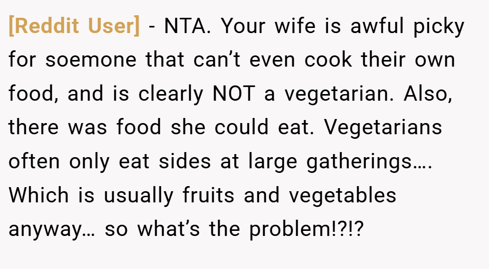[Reddit User] − NTA. Your wife is awful picky for soemone that can’t even cook their own food, and is clearly NOT a vegetarian. Also, there was food she could eat. Vegetarians often only eat sides at large gatherings…. Which is usually fruits and vegetables anyway… so what’s the problem!?!?
